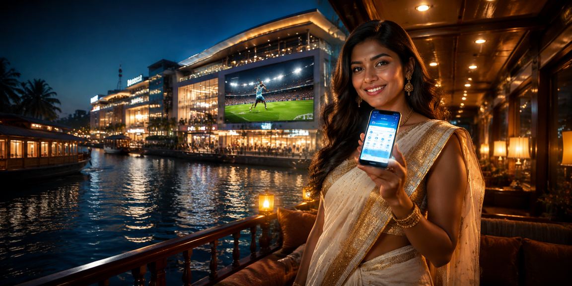 Woman enjoying slot gaming on mobile in Kerala backwaters setting